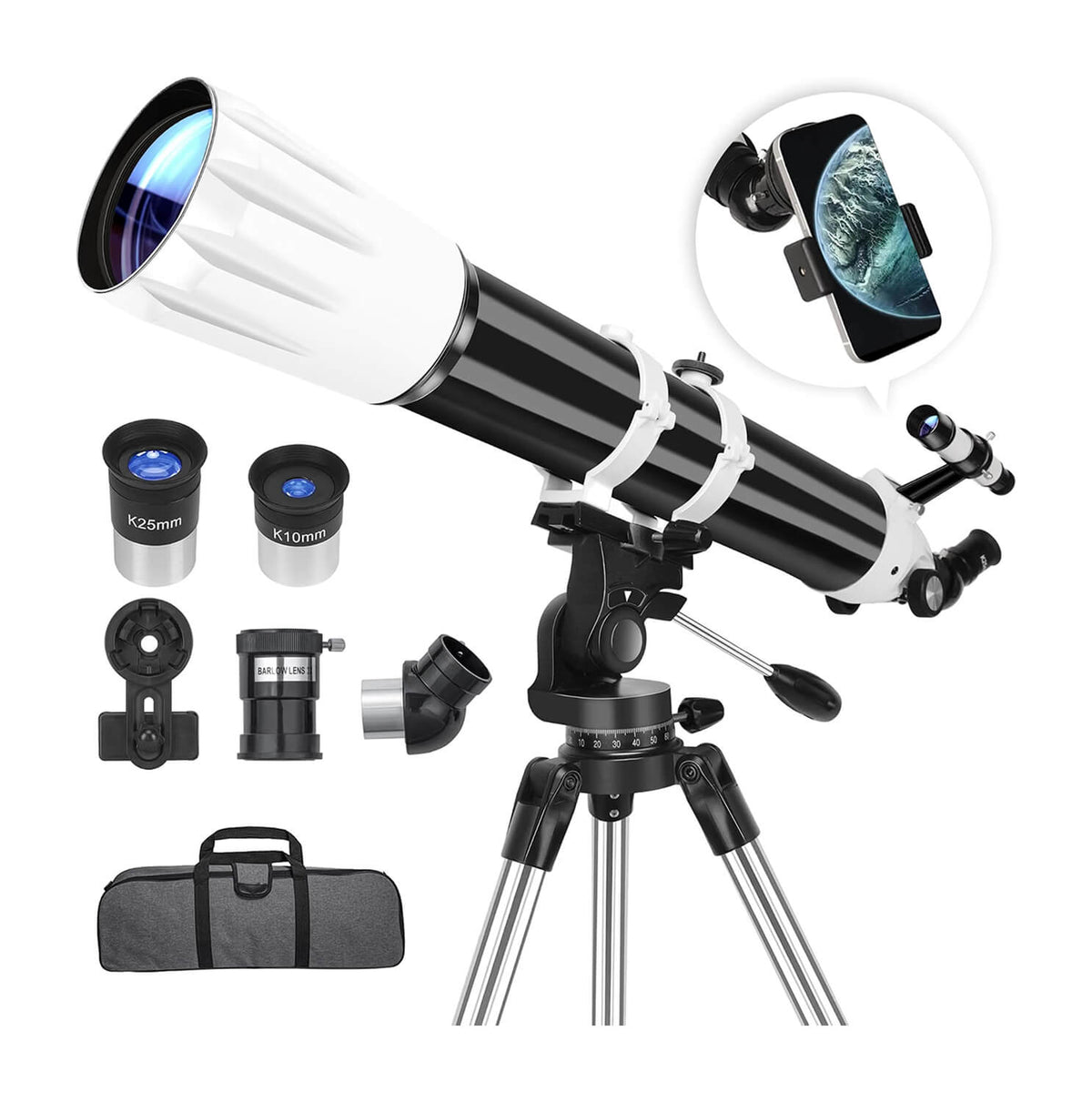 90mm Refractor Telescope for Adults & Beginners – 900mm, 36X–270X Magnification, AZ Mount, Phone Adapter & Carry Bag